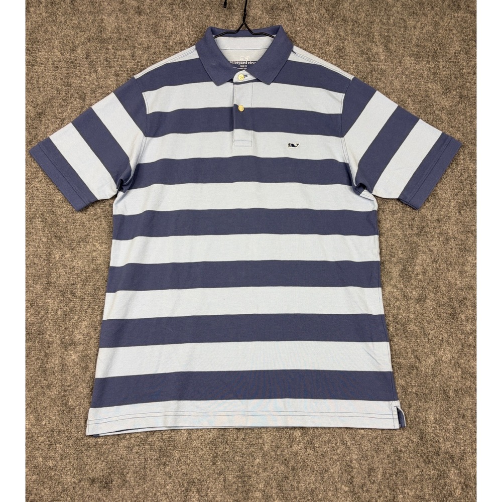 Vineyard Vines Mens Slim Fit Blue Striped Cotton Pique Polo Shirt Size M